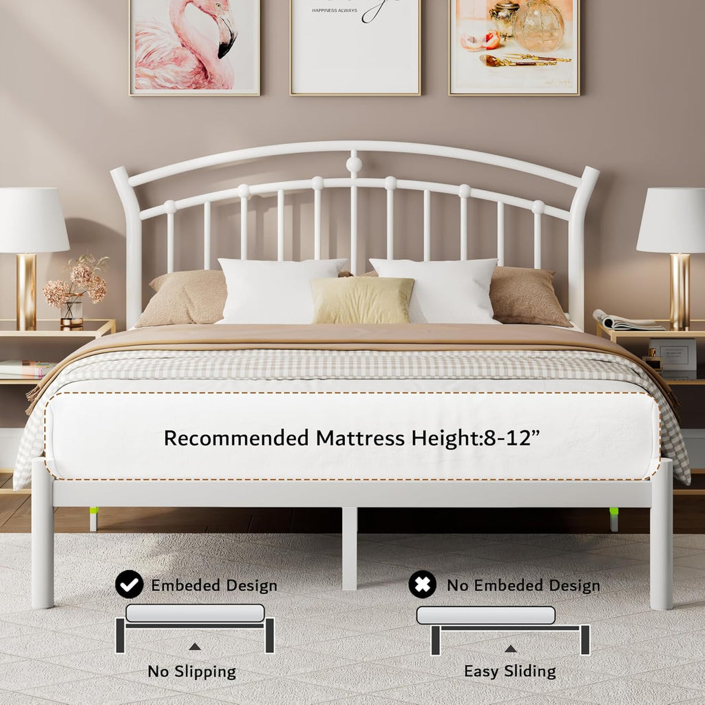 iPormis Queen Size Metal Platform Bed Frame with Modern Iron-Art Headboard/Heavy Duty Steel Slats Support/Under Bed Storage/No Box Spring Needed/Easy Assembly/Noise-Free/White
