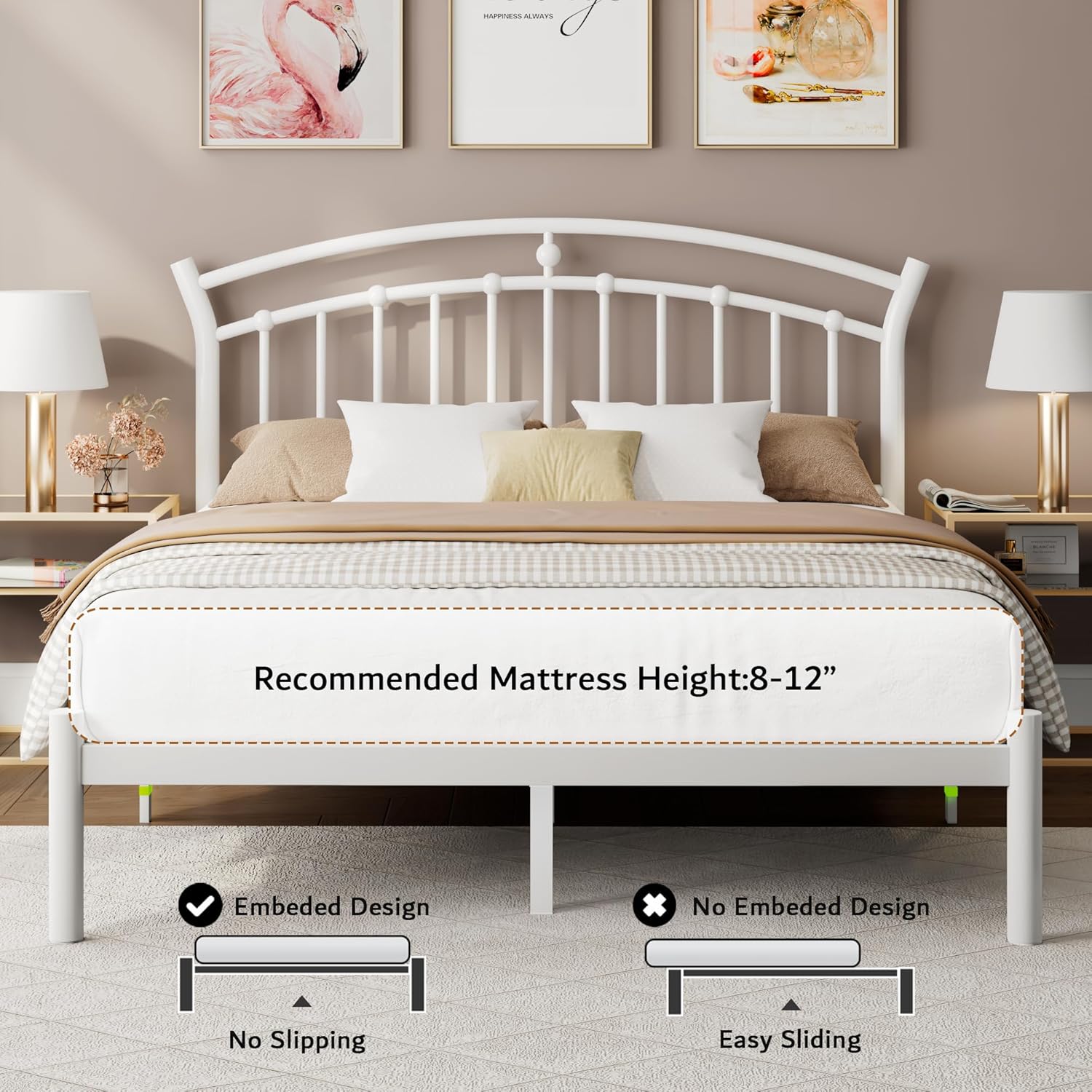 iPormis Queen Size Metal Platform Bed Frame with Modern Iron-Art Headboard/Heavy Duty Steel Slats Support/Under Bed Storage/No Box Spring Needed/Easy Assembly/Noise-Free/White