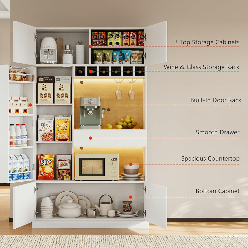 iPormis 69" tall kitchen pantry cabinet with LED lights, microwave stand, wine rack, and door shelves in a modern kitchen setting.