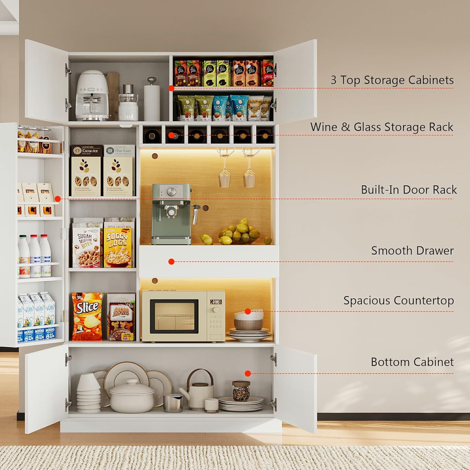 iPormis 69" tall kitchen pantry cabinet with LED lights, microwave stand, wine rack, and door shelves in a modern kitchen setting.