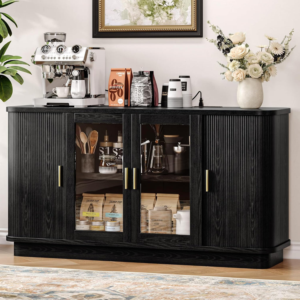 iPormis 63" Sideboard Buffet Cabinet with Storage, Modern Fluted Accent Cabinet with Sliding Doors, Adjustable Shelves, Wood Coffee Bar Console Table for Kitchen, Dining Room, Hallway, Black