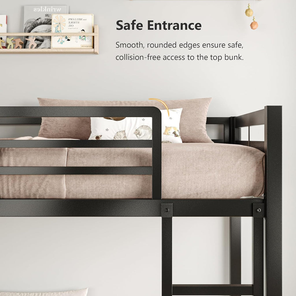 iPormis Metal Bunk Bed Twin Over Twin, Heavy Duty Bunk with High Guardrail and Safety Entrance Design, Under-Bed Storage Space, Easy Assembly, Noise Free, Black