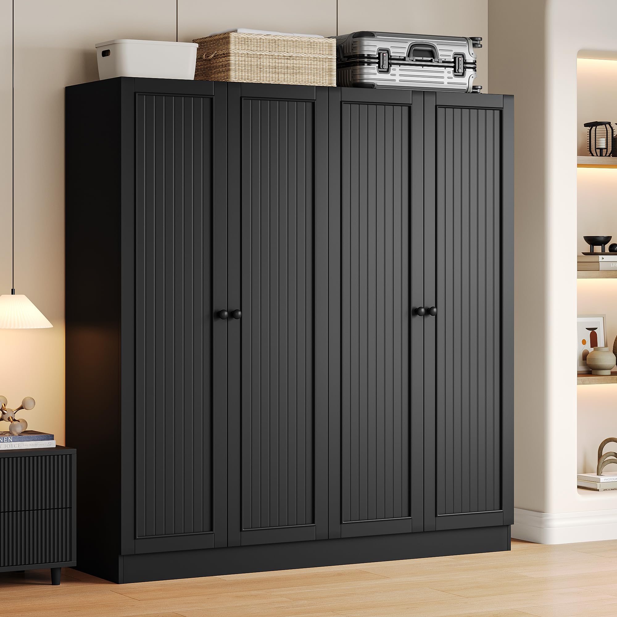 iPormis large 63" armoire wardrobe closet with 4 doors and 2 drawers, showcasing a stylish wood finish and ample storage space.