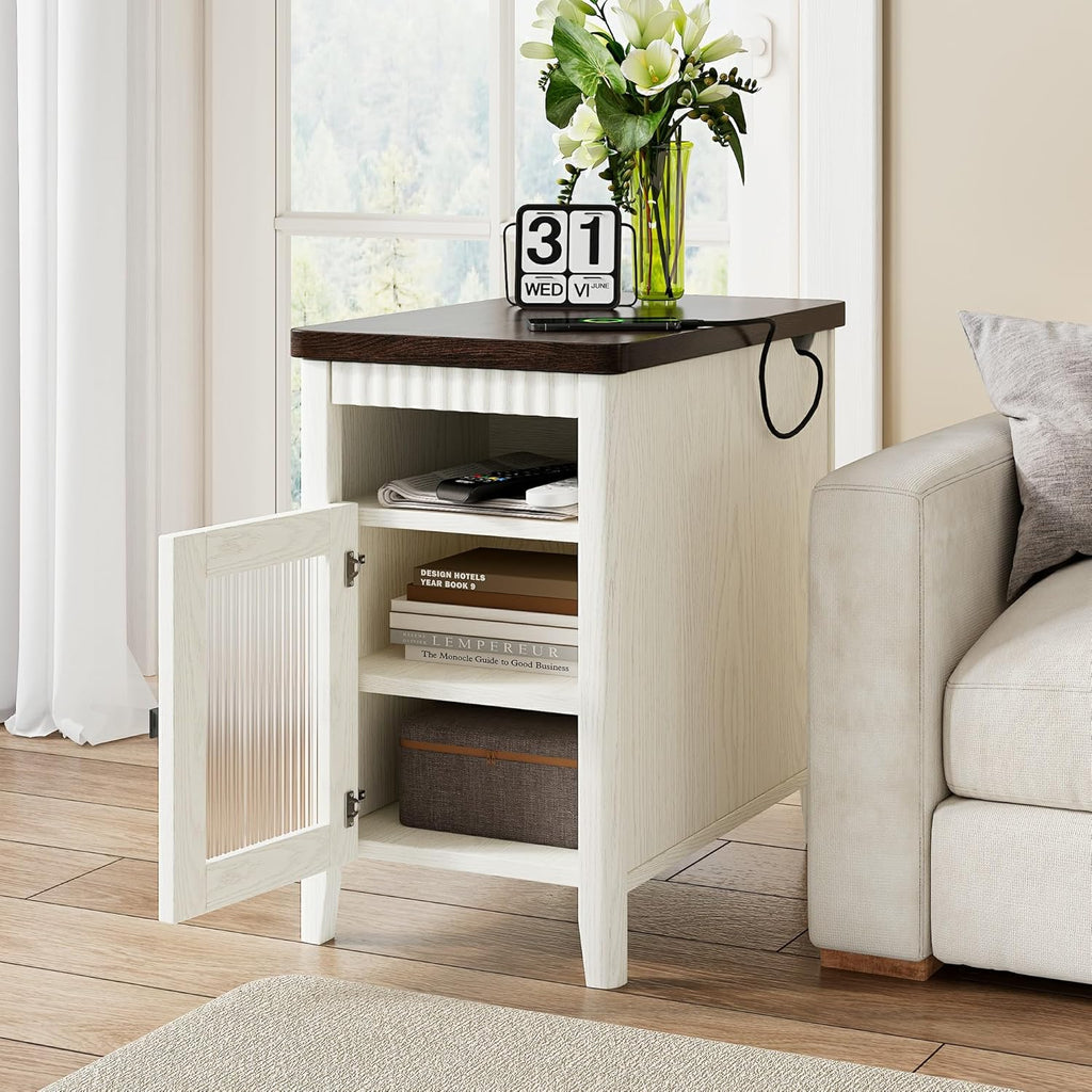iPormis End Table with Charging Station, Narrow Side Table for Living Room, Farmhouse Night Stand with Storage Cabinet, Wood Bedside Table for Bedroom Small Space, White
