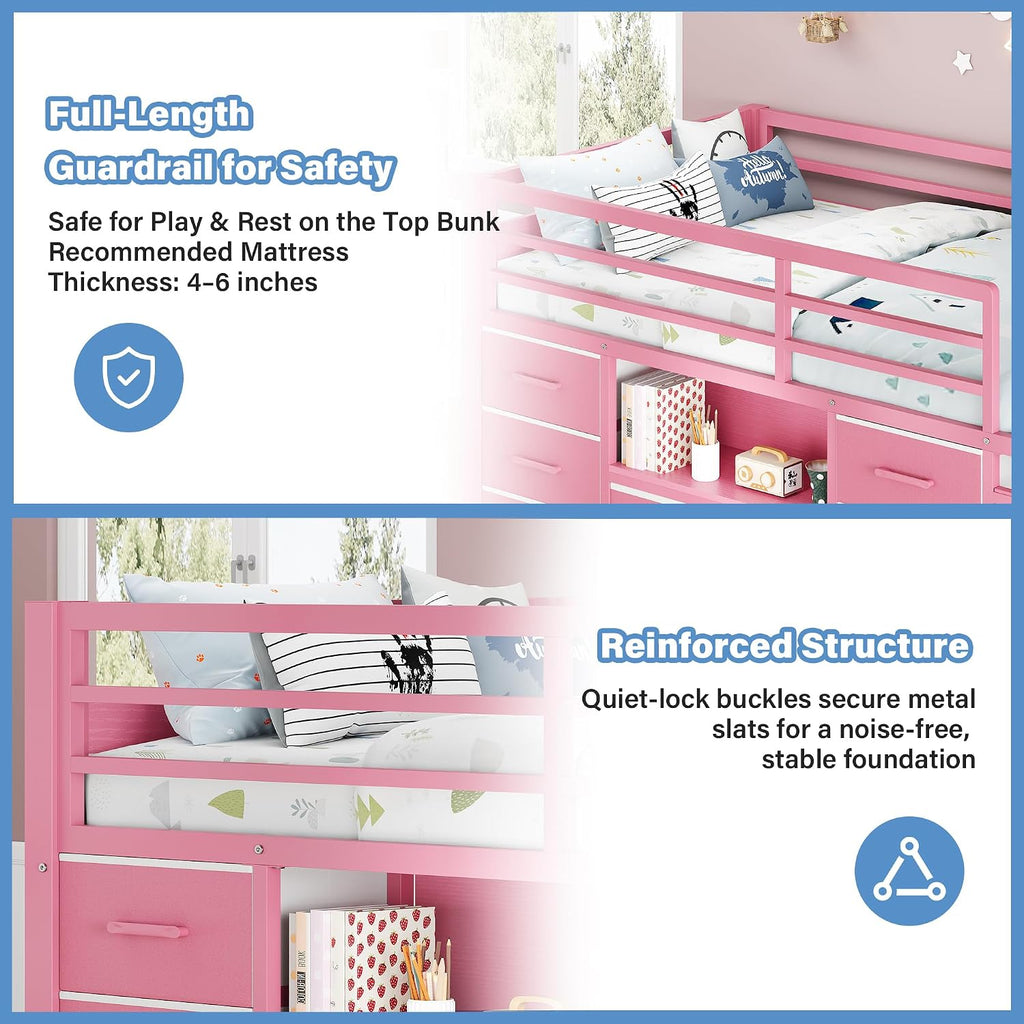 iPormis Low Loft Bed Twin Size with Bookcase, 8 Storage Drawers, Metal Kids Loft Bed with 13 Inch H Safety Guardrail, Play Curtain, Under-Bed Play Space - Pink