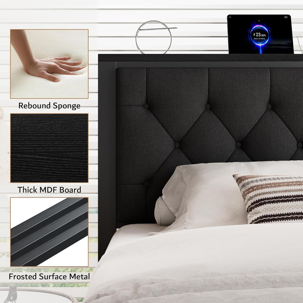 iPormis Full Bed Frame with 2 Storage Drawers, Linen Upholstered Headboard Platform Bed with Charging Station, No Box Spring Needed, Metal Slats Support, Noise-Free, Easy Assembly, Black