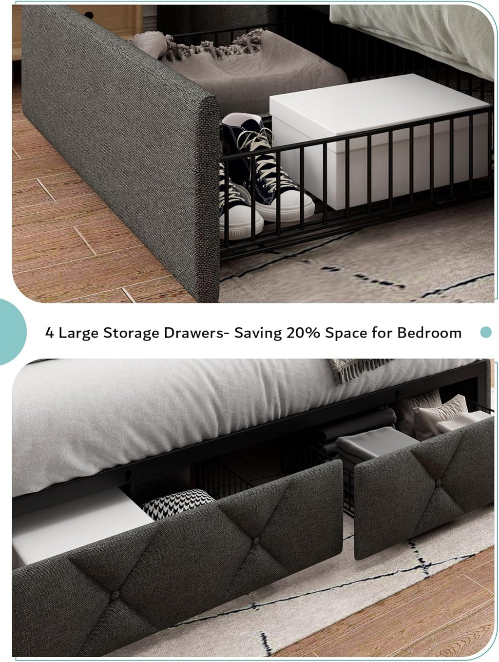 iPormis Queen Bed Frame with 4 Storage Drawers, Upholstered Platform Bed Frame with Charging Station, Modern Wingback Storage Headboard, Easy Assembly, Dark Grey