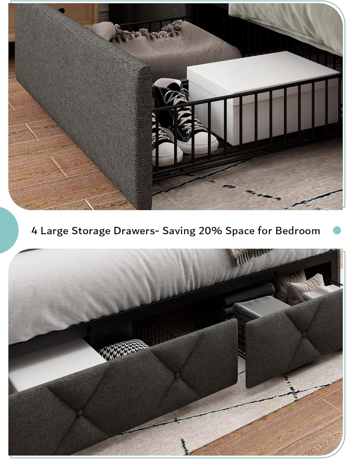 iPormis Queen Bed Frame with 4 Storage Drawers, Upholstered Platform Bed Frame with Charging Station, Modern Wingback Storage Headboard, Easy Assembly, Dark Grey