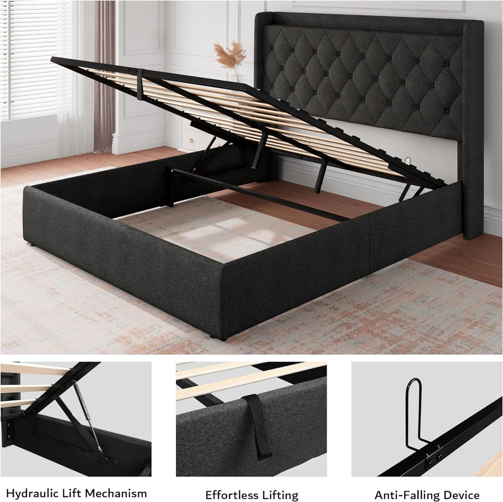 iPormis Queen Size Lift Up Storage Bed Frame with Charging Station, Upholstered Platform Bed Frame with Tufted Headboard, Hydraulic Storage, No Box Spring Needed, Noise-Free, Easy Assembly, Dark Grey