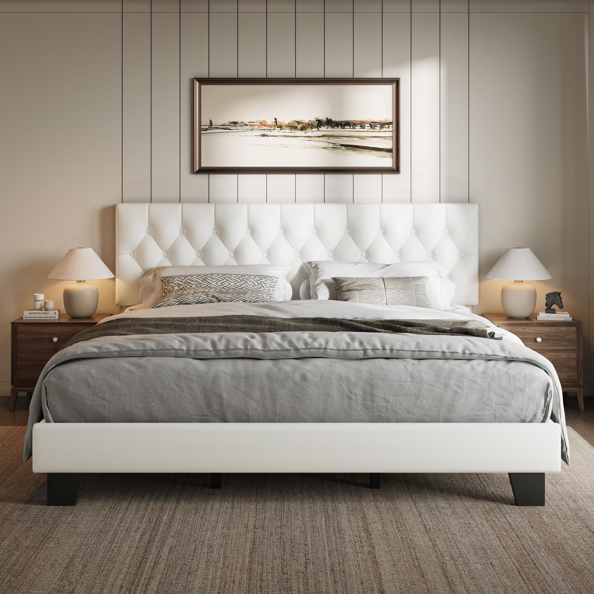 iPormis Upholstered Queen Size Bed Frame with Button Tufted Headboard, Velvet Platform Bed with Thickened Support Legs, Noise-Free/No Box Spring Needed/Easy Assembly, White
