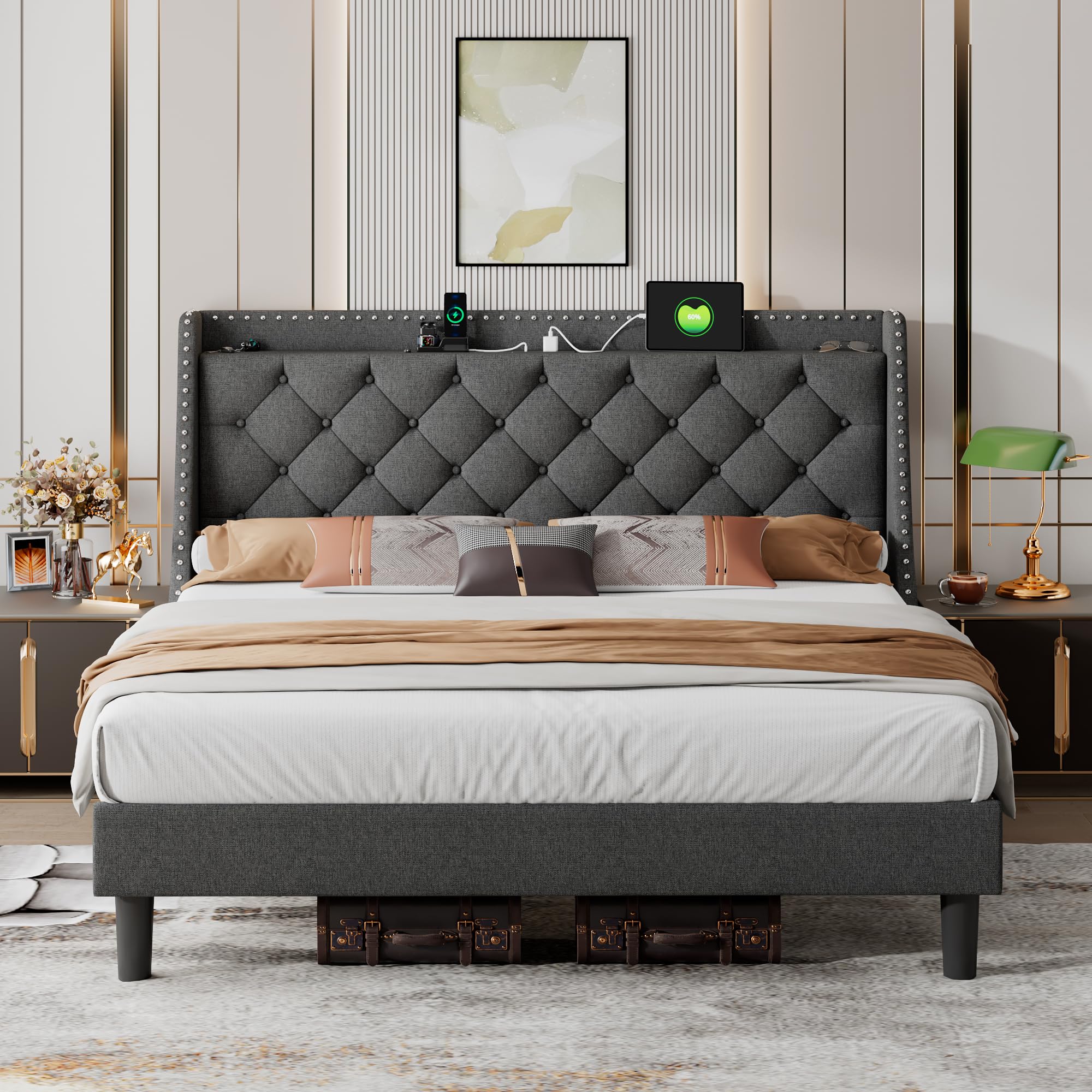 iPormis Full Bed Frame with 16" Comfort Wingback & Charging Station, Upholstered Platform Bed with Button Tufted Storage Headboard, Solid Wood Slats Support, No Box Spring Needed, Black