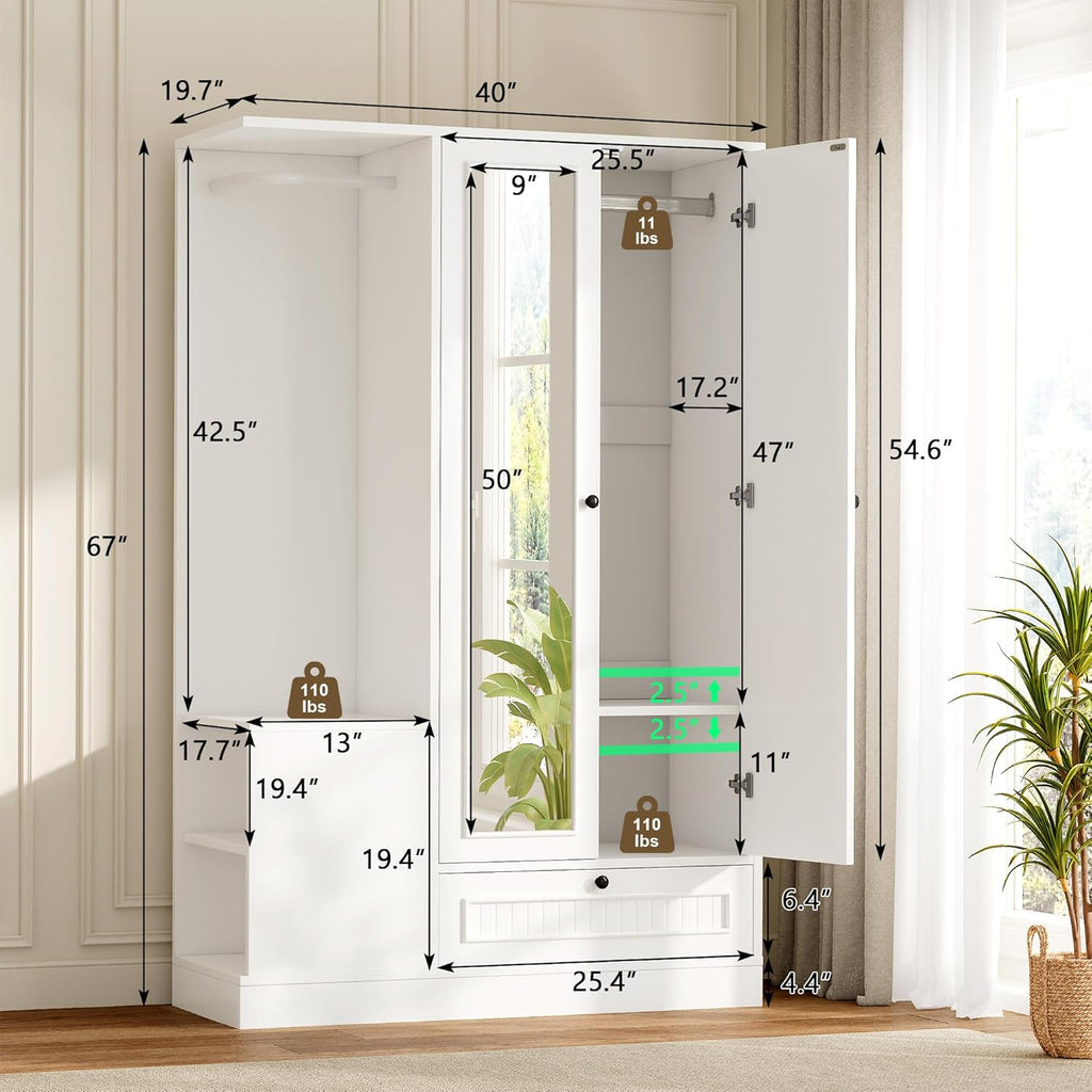 iPormis Armoire Wardrobe Closet with Mirror, Bedroom Armoires with 2 Doors, 1 Drawers and 3 Shelves, Large Clothing Storage Cabinet for Hanging Clothes, White
