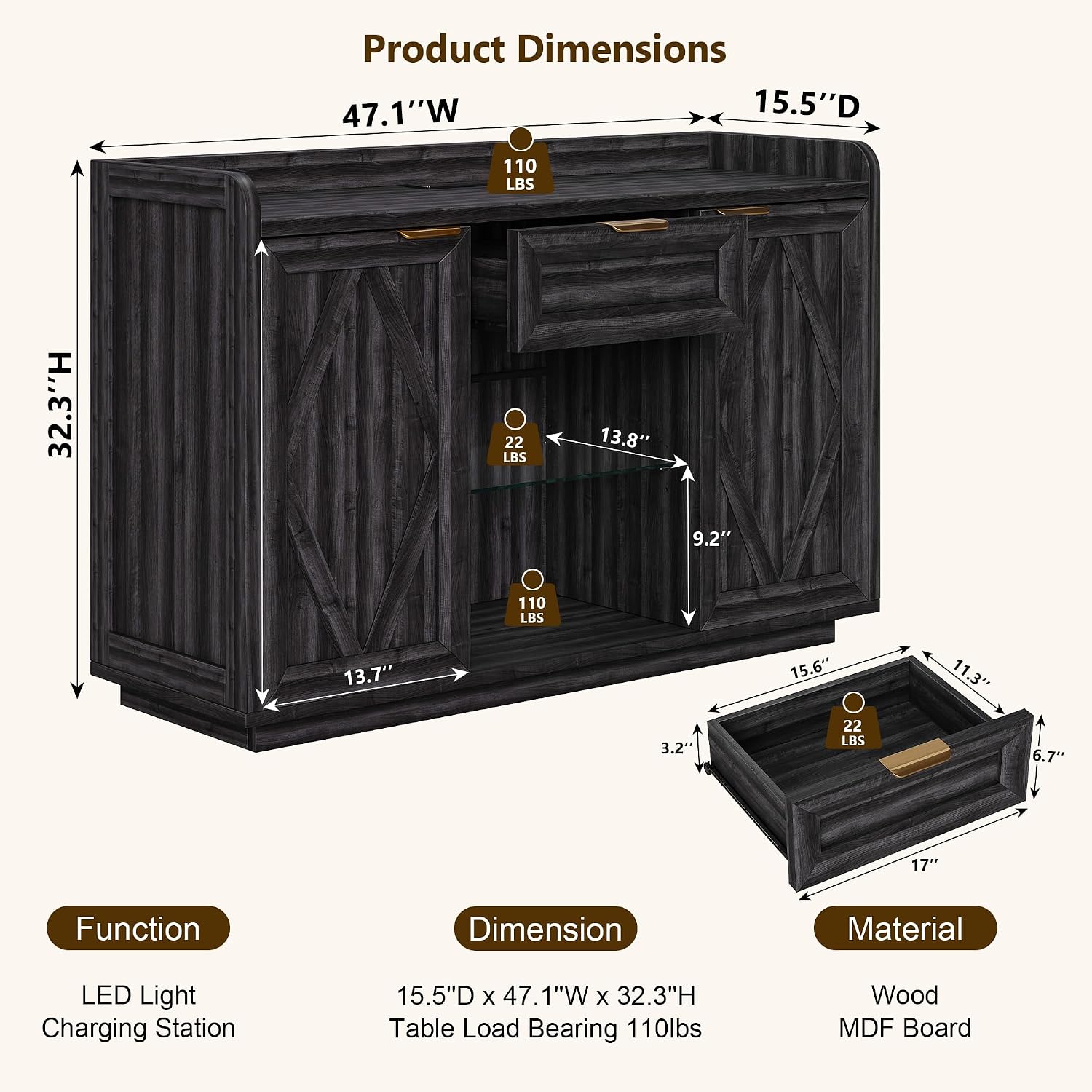 iPormis 47" Buffet Cabinet with LED Lights & Charging Station, Sideboard with Storage, 2 Doors & 1 Drawer, Adjustable Shelves, Modern Farmhouse Coffee Bar for Kitchen,Dining Room,Living Room, Black