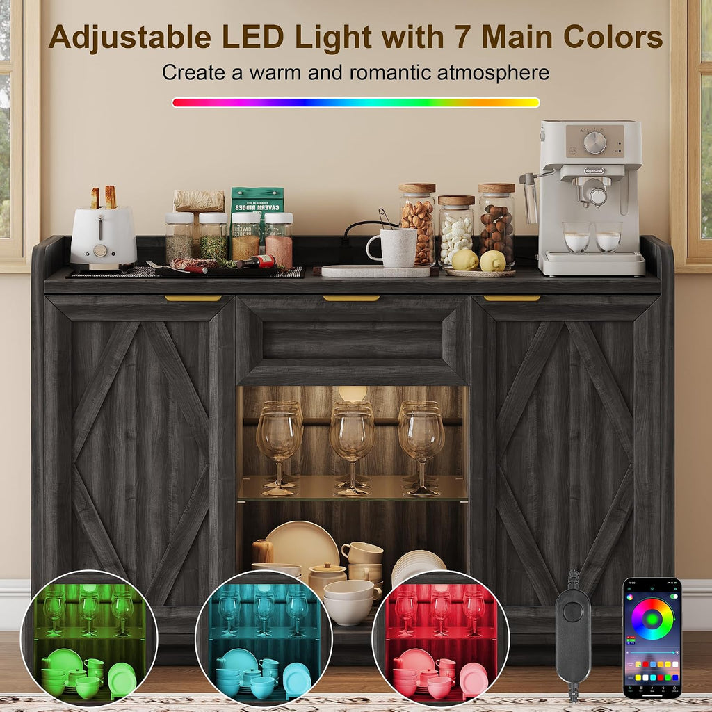 iPormis 47" Buffet Cabinet with LED Lights & Charging Station, Sideboard with Storage, 2 Doors & 1 Drawer, Adjustable Shelves, Modern Farmhouse Coffee Bar for Kitchen,Dining Room,Living Room, Black