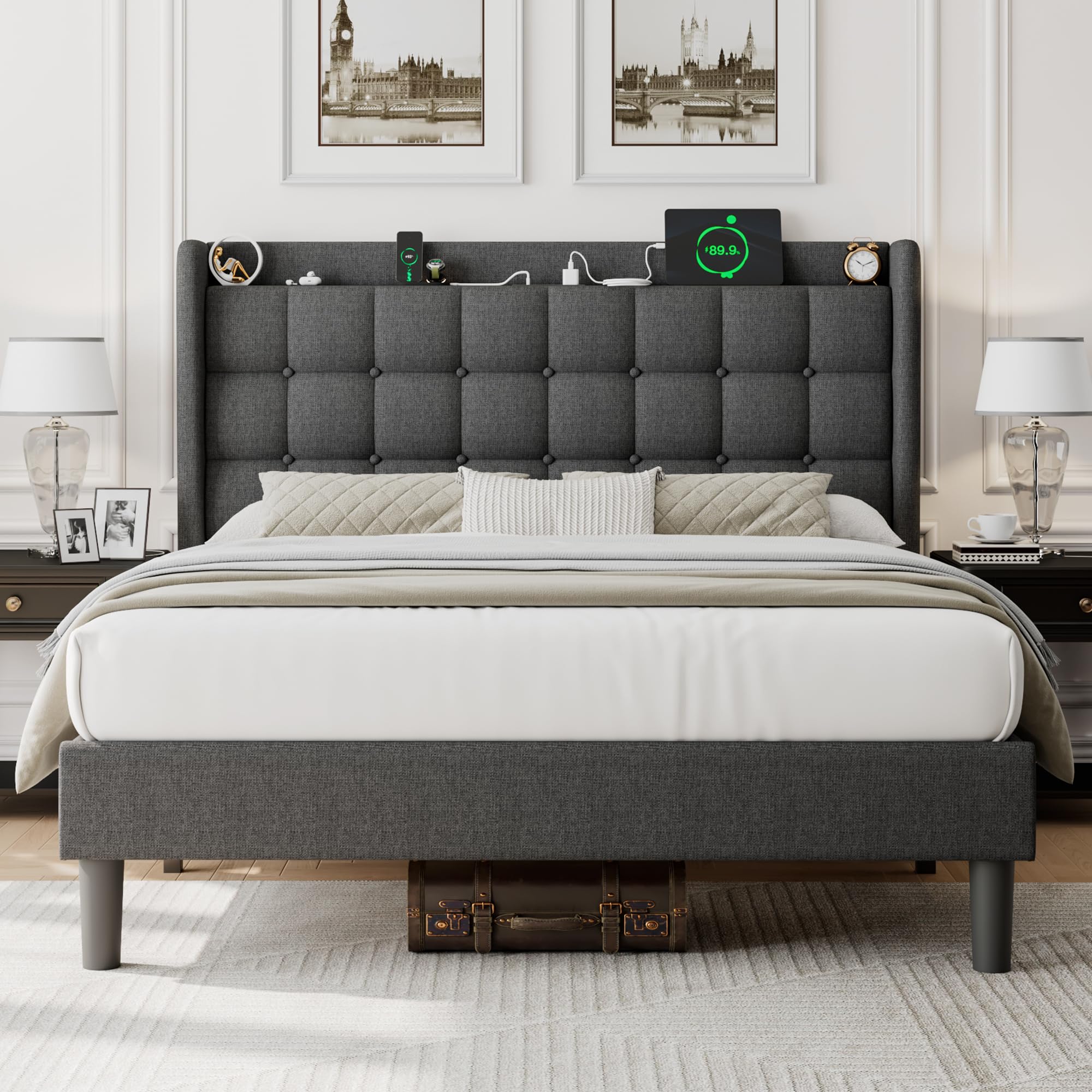 iPormis Queen Bed Frame with Charging & Storage, Upholstered Platform Bed with Button Tufted Wingback Headboard, Heavy-Duty Foundation, No Box Spring Needed, Light Grey