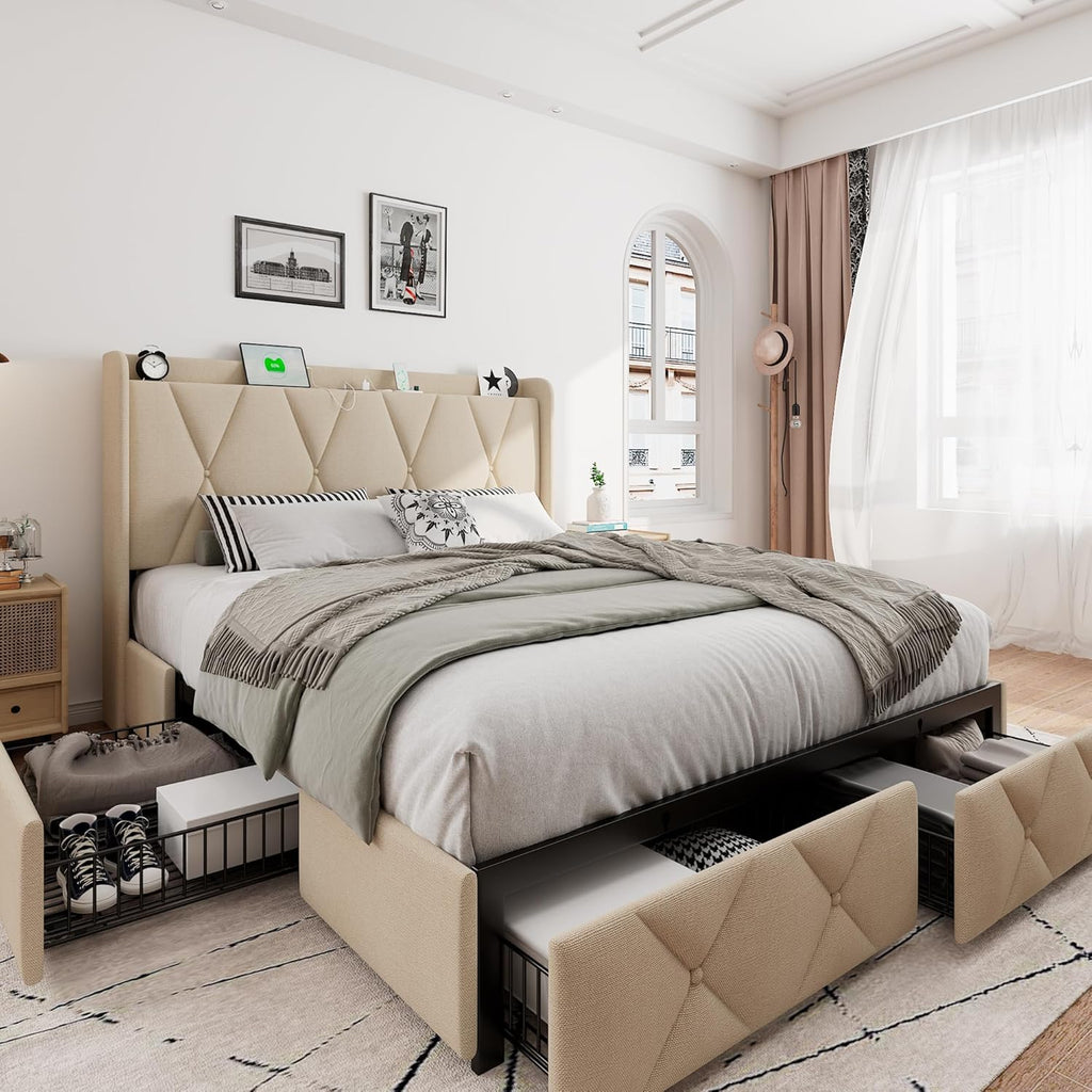 iPormis Queen Bed Frame with 4 Storage Drawers, Upholstered Platform Bed Frame with Charging Station, Modern Wingback Storage Headboard, Easy Assembly, Beige