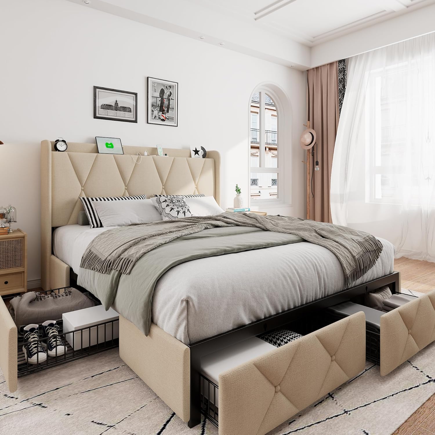 iPormis Queen Bed Frame with 4 Storage Drawers, Upholstered Platform Bed Frame with Charging Station, Modern Wingback Storage Headboard, Easy Assembly, Beige