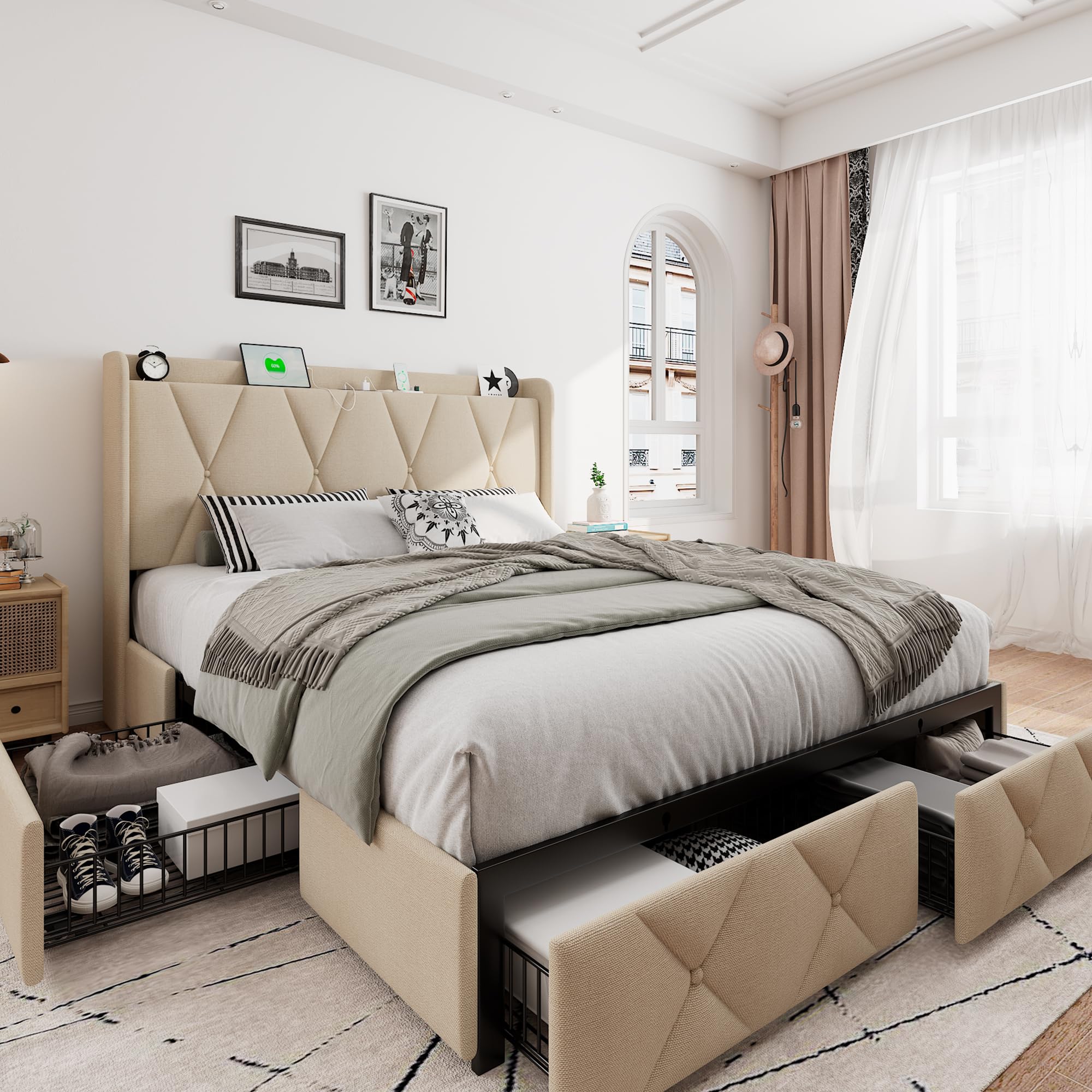 iPormis Queen Bed Frame with 4 Storage Drawers, Upholstered Platform Bed Frame with Charging Station, Modern Wingback Storage Headboard, Easy Assembly, Light Grey
