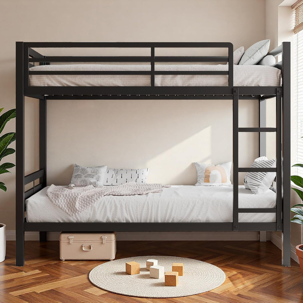 iPormis Metal Bunk Bed Twin Over Twin, Heavy Duty Bunk with High Guardrail and Safety Entrance Design, Under-Bed Storage Space, No Box Spring Needed, Noise Free, Black