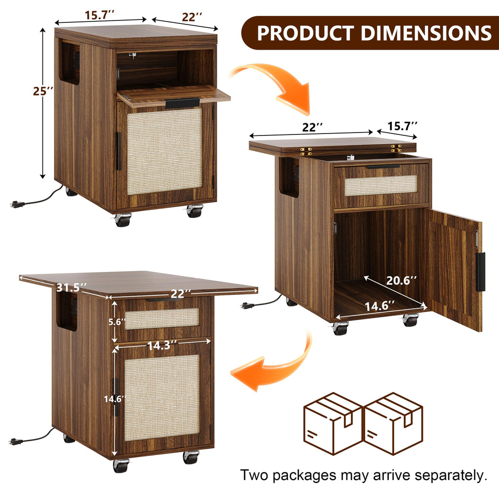 iPormis Narrow Nightstand with Charging Station, Extendable Desktop, Drawer | 15.7''-31.5'' Expandable Surface, Rolling Wheels, Rattan Wood Storage Cabinet, Space-Saving for Bedroom Small Spaces, Walnut