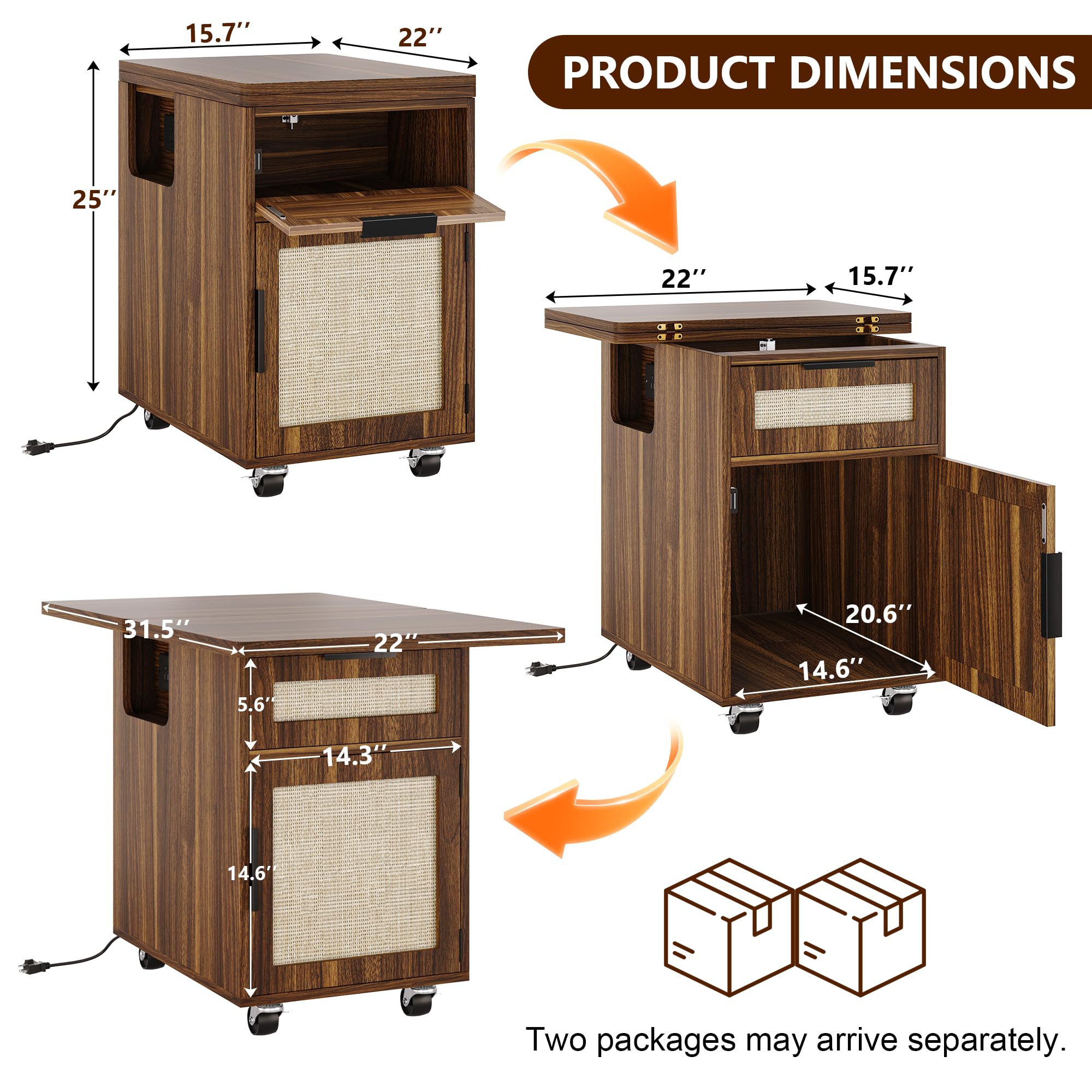 iPormis Narrow Nightstand with Charging Station, Extendable Desktop, Drawer | 15.7''-31.5'' Expandable Surface, Rolling Wheels, Rattan Wood Storage Cabinet, Space-Saving for Bedroom Small Spaces, Walnut