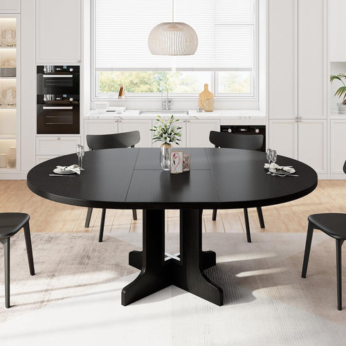 Modern iPormis 59" extendable round dining table with heavy-duty pedestal base and wooden top, seating 4-6 people.