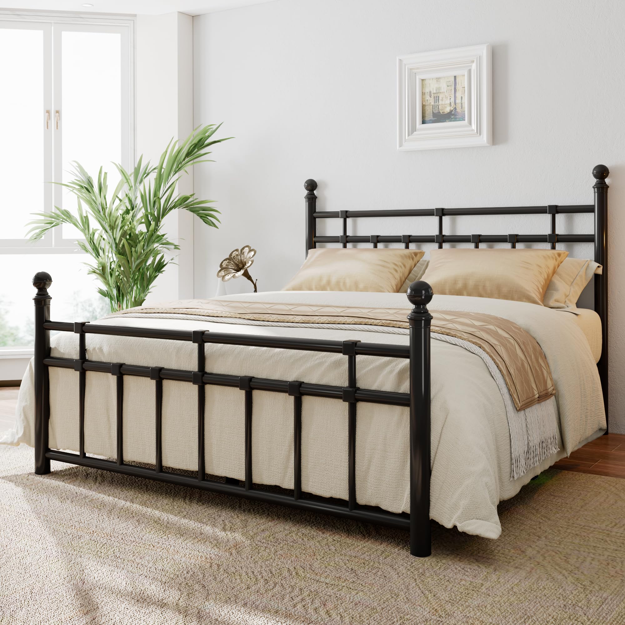 iPormis King Metal Bed Frame with Vintage Headboard and Footboard, Farmhouse King Size Bed Frame, Under Bed Storage, No Box Spring Needed, Noise-Free, Black