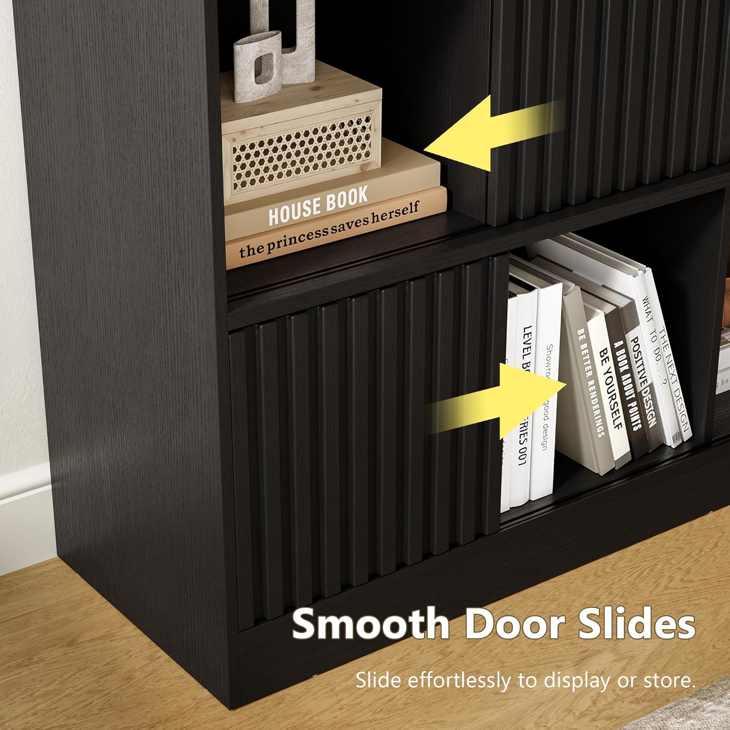 iPormis Bookcase 12 Cube Storage Organizer - 6 Fluted Sliding Doors, 3-Tier Wooden Bookshelf, 47.2” Freestanding Bookcase Shelf for Home/Office, Semi-Open Bookshelves, Black