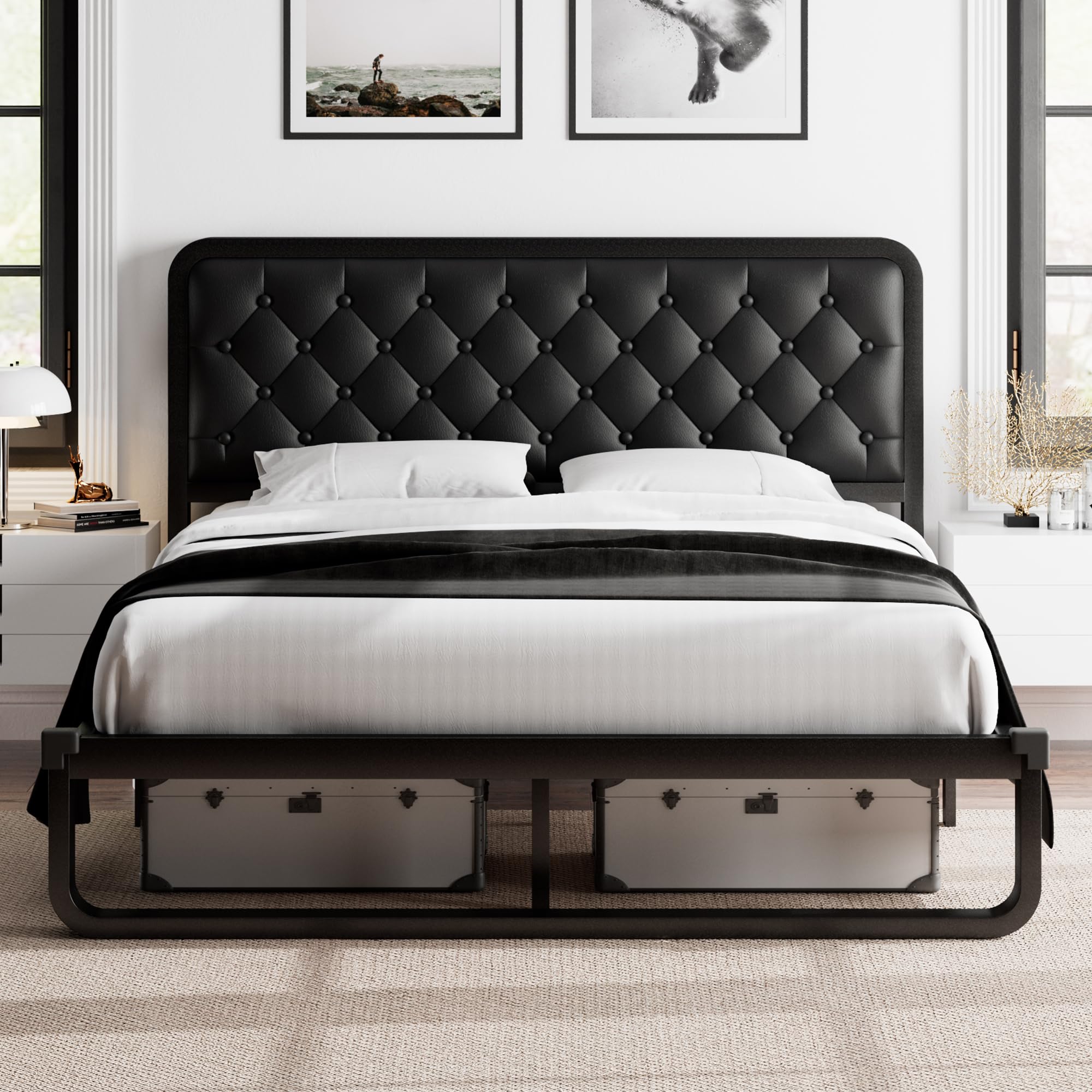 Feonase Full Size Bed Frame, Upholstered Bed Frame with Heavy-Duty Metal Steel Slats, Diamond Linen Headboard, 12" Storage Space, No Box Spring Needed, Noise Free, Easy Assembly, Dark Gray