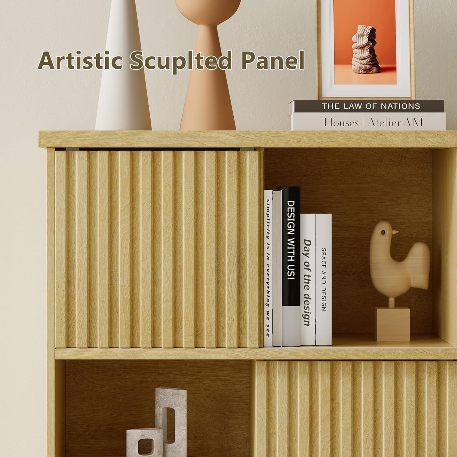 iPormis 12 cube storage organizer with oak finish and 6 fluted sliding doors, showcasing stylish and functional design.