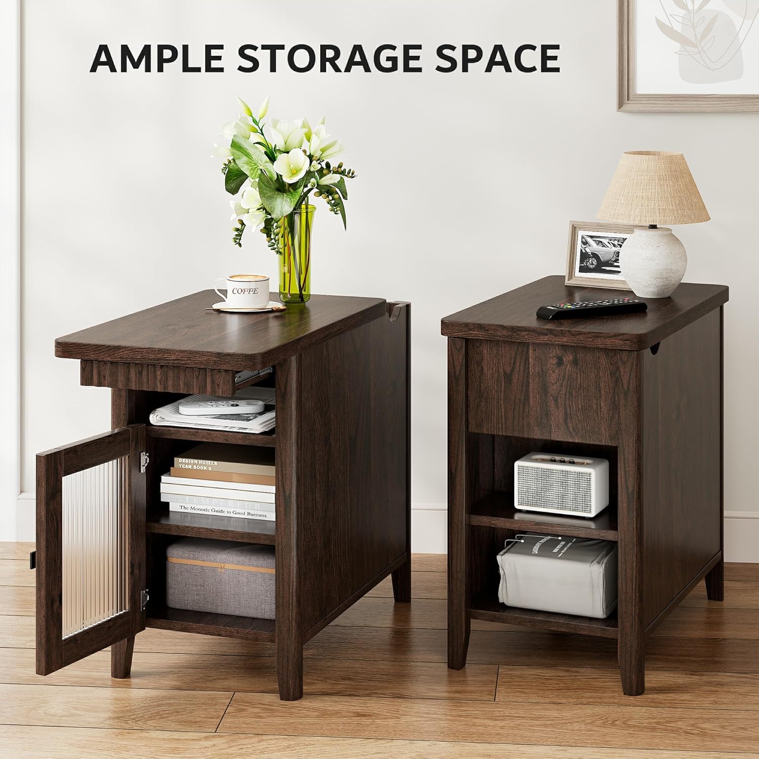 iPormis End Table with Charging Station, Narrow Side Table for Living Room, Farmhouse Night Stand with Storage Cabinet, Wood Bedside Table for Bedroom Small Space, Walnut