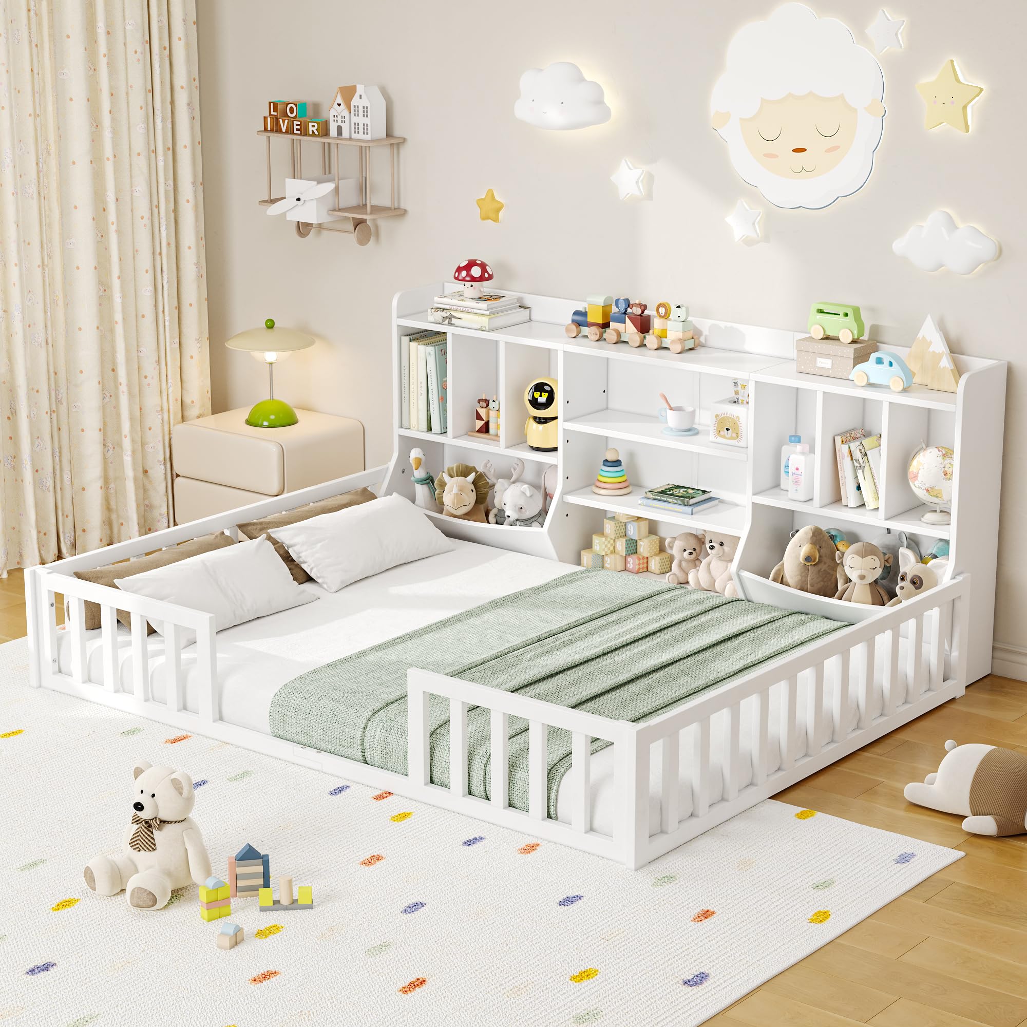 iPormis Twin Floor Bed with High Rails, Montessori Bed Frame with Wood Slats and Door, Montessori Floor Bed Twin for Kids, Girls, Boys, Easy Assembly, Natural