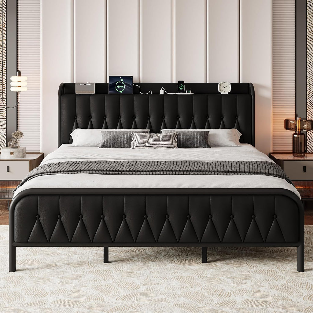 iPormis Metal Bed Frame Queen Size with Charging Station, Velvet Upholstered Headboard and Footboard, Heavy Duty Steel Support, 12" Under Bed Storage, No Box Spring Needed, Easy Assembly, Dark