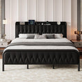 iPormis Metal Bed Frame Queen Size with Charging Station, Velvet Upholstered Headboard and Footboard, Heavy Duty Steel Support, 12" Under Bed Storage, No Box Spring Needed, Easy Assembly, Dark