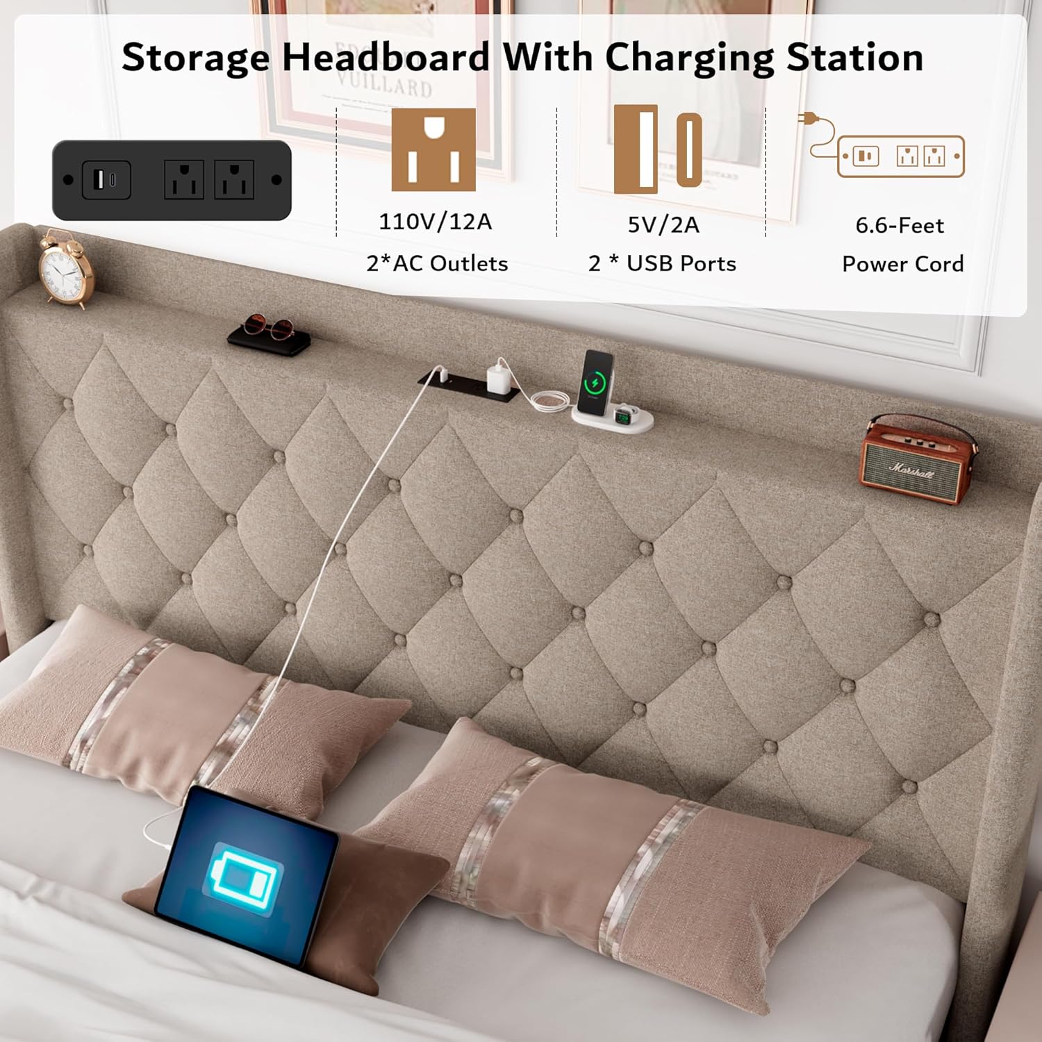 iPormis Queen Size Lift Up Storage Bed Frame with Charging Station, Upholstered Platform Bed Frame with Tufted Headboard, Hydraulic Storage, No Box Spring Needed, Noise-Free, Easy Assembly, Beige