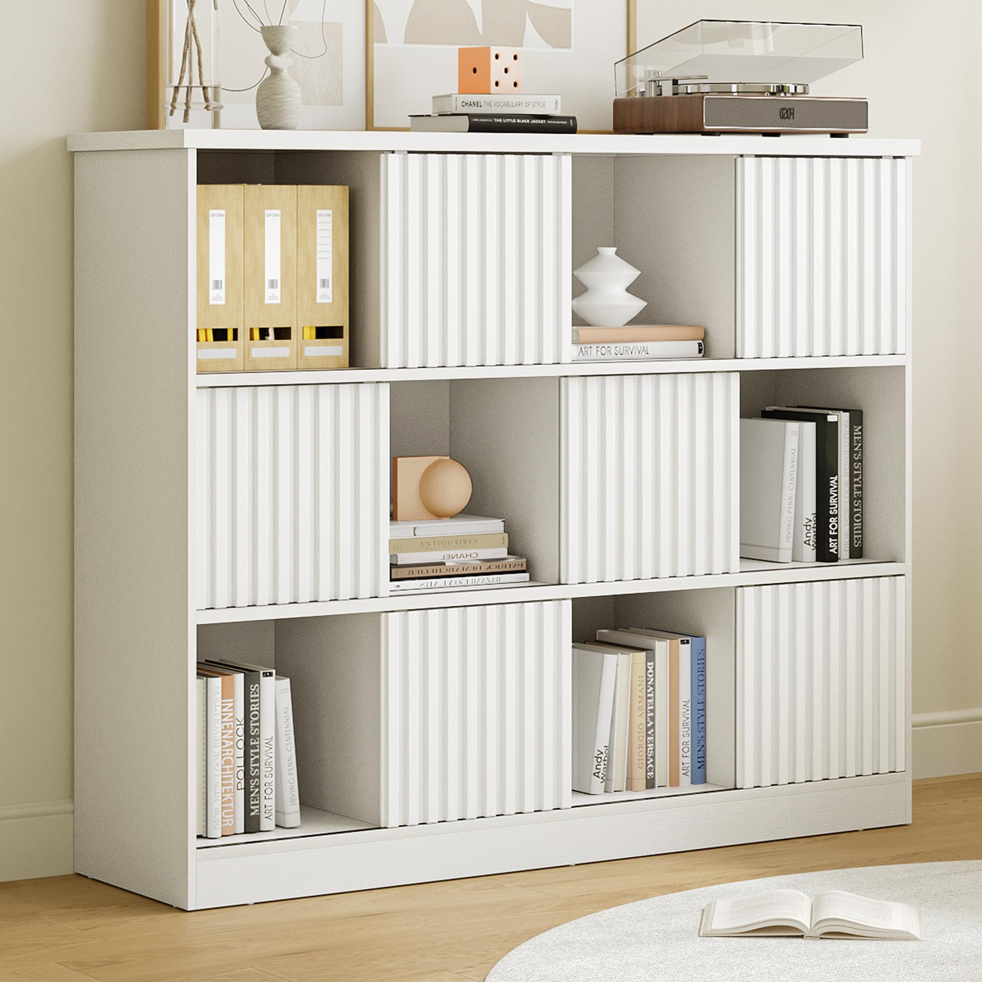 iPormis Bookcase 12 Cube Storage Organizer - 6 Fluted Sliding Doors, 3-Tier Wooden Bookshelf, 47.2” Freestanding Bookcase Shelf for Home/Office, Semi-Open Bookshelves, Black