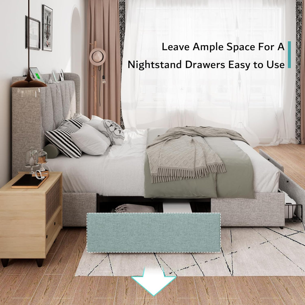 iPormis Queen Bed Frame with 4 Storage Drawers, Upholstered Platform Bed Frame with Charging Station, Modern Wingback Storage Headboard, Easy Assembly, Light Grey