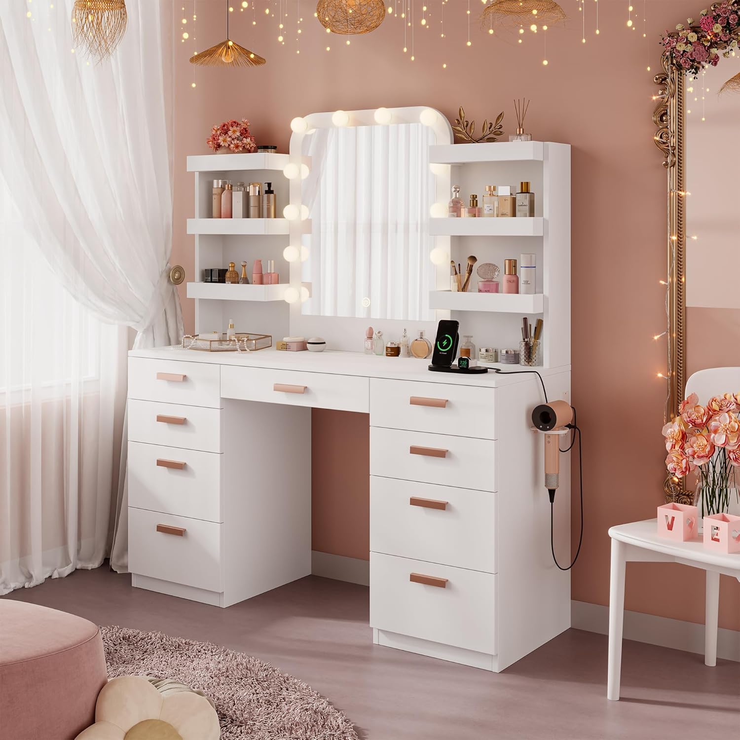 iPormis Vanity Desk with Mirror and Lights, White Makeup Vanity Table with 9 Drawers 6 Shelves, 47" Big Dressing Table with Power Outlet, 3 Adjustable Lighting Modes for Women Girls Bedroom