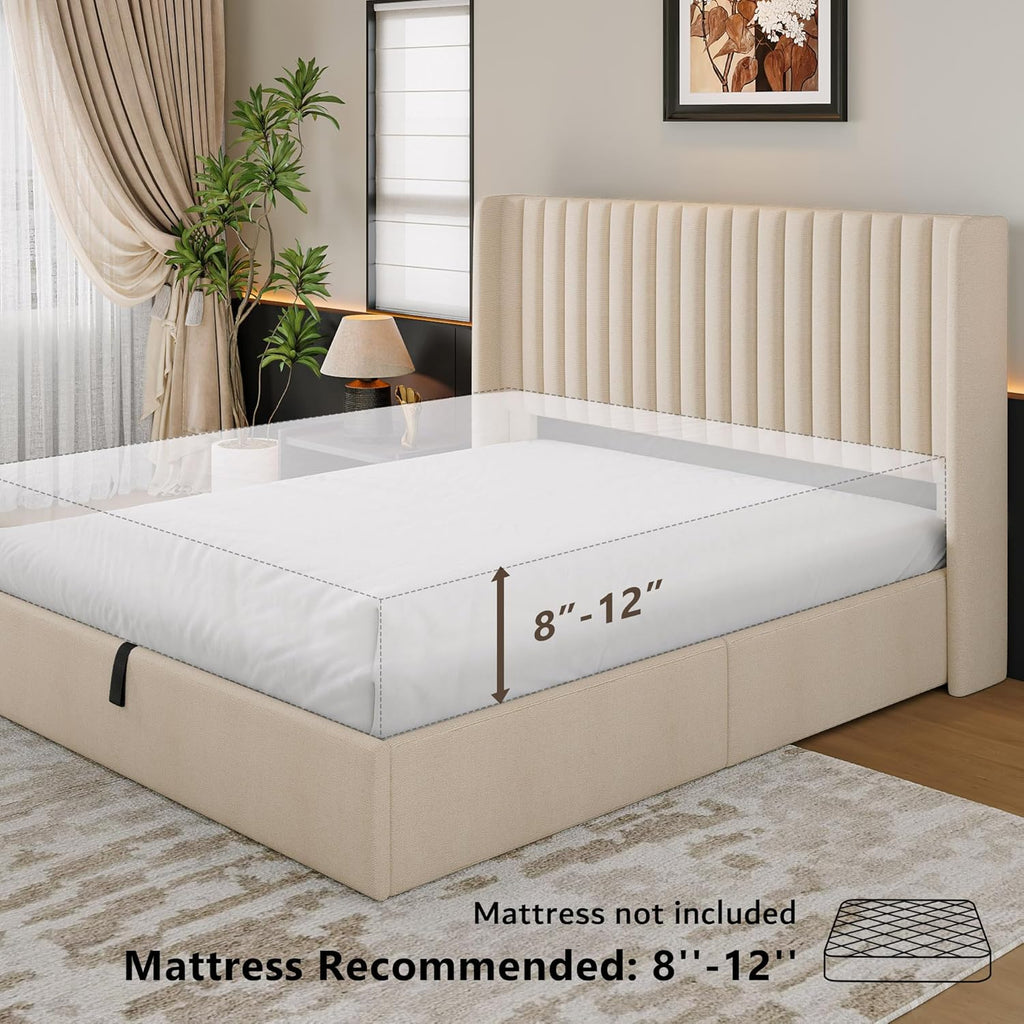 iPormis Full Size Lift up Storage Bed Frame with Wingback Headboard, Modern Linen Upholstered Platform Bedframe with Hydraulic Lifts, Sturdy Wood Slats, Easy Assembly, Beige