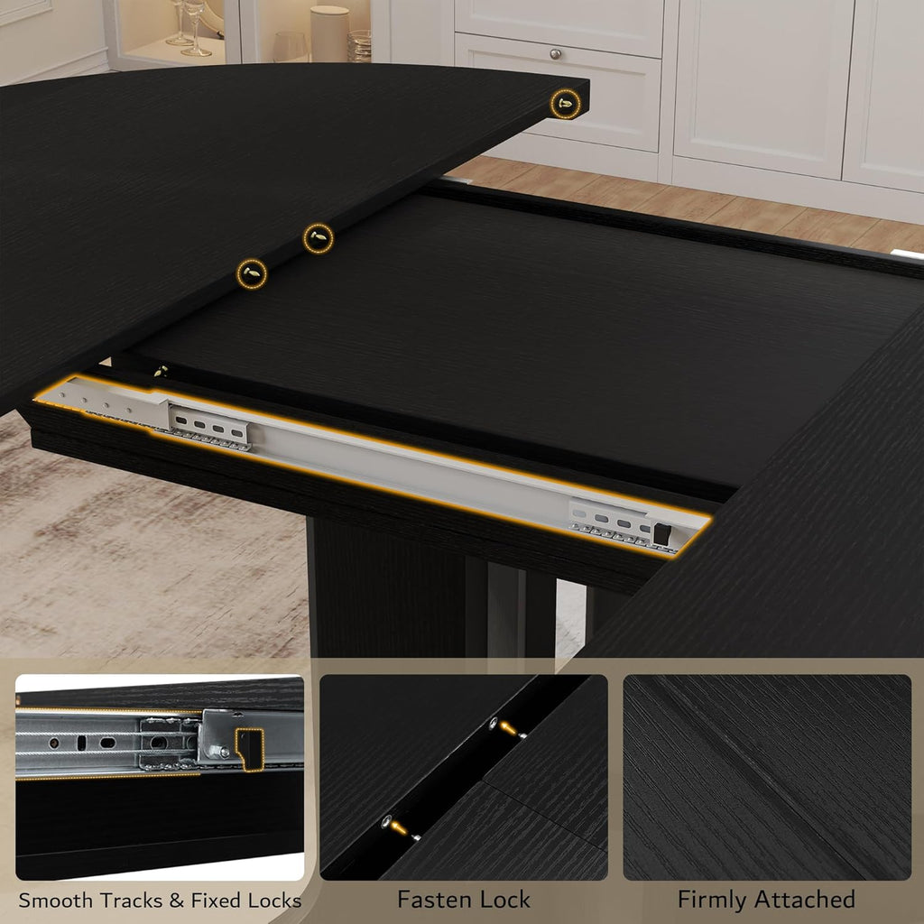 Modern iPormis 59" round dining table with wooden top and heavy-duty pedestal base, seating 4-6 in a kitchen setting.