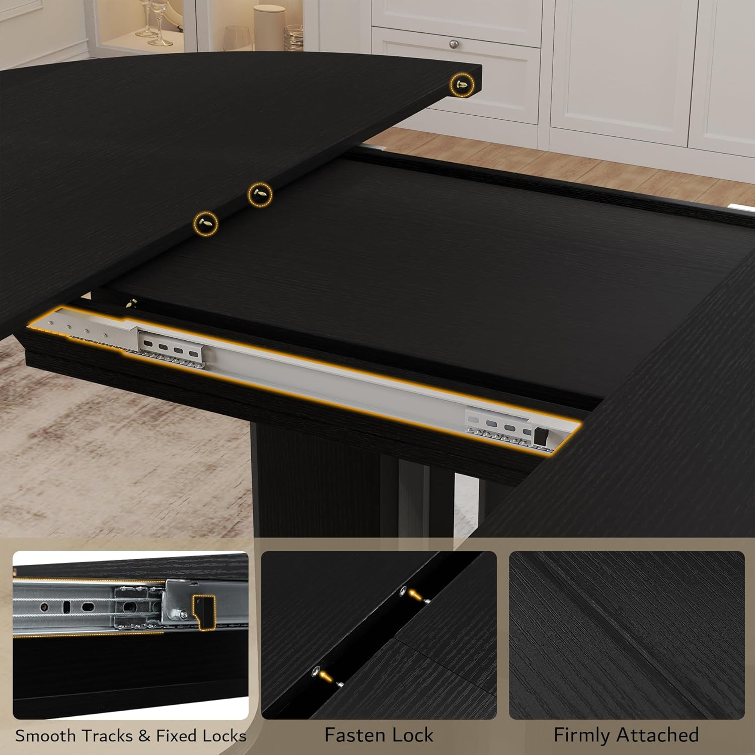 Modern iPormis 59" round dining table with wooden top and heavy-duty pedestal base, seating 4-6 in a kitchen setting.