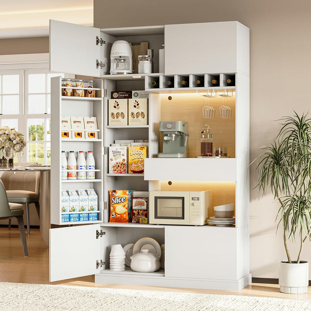 iPormis 69" tall kitchen pantry cabinet with LED lights, microwave stand, wine rack, and hutch with door shelves.