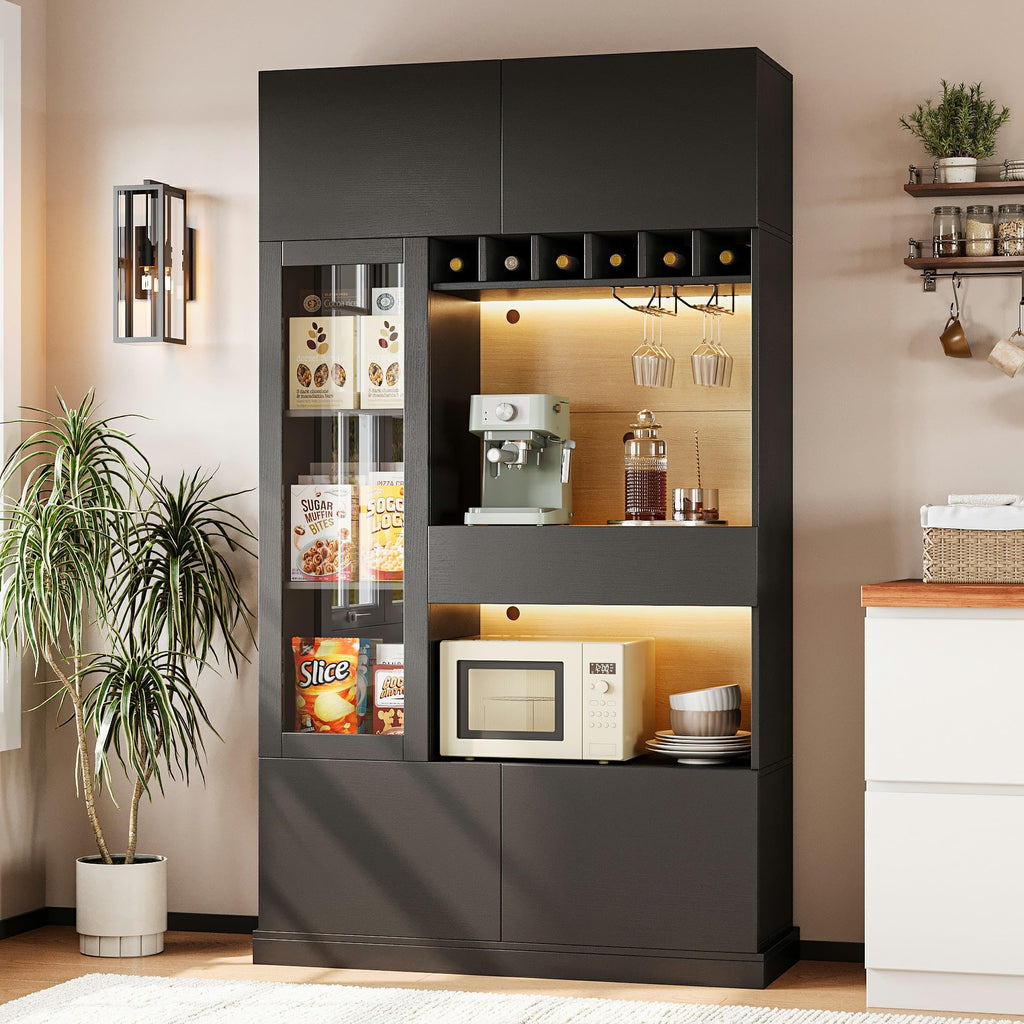 iPormis 69" tall kitchen pantry cabinet with LED lights, microwave stand, wine rack, and door shelves in a modern kitchen setting.