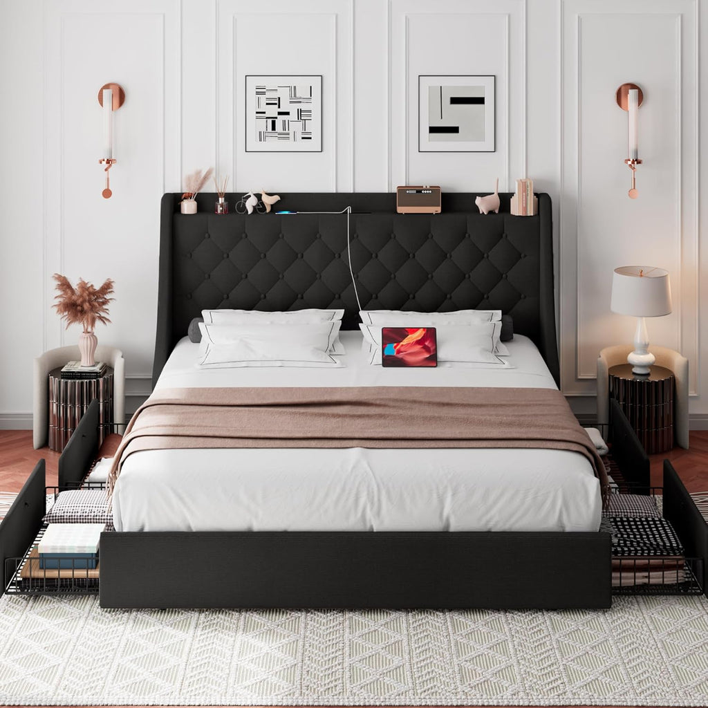 iPormis Queen Bed Frame with 4 Storage Drawers, Upholstered Platform Bed Frame with Type-C & USB Ports, Wingback Storage Headboard, Solid Wood Slats, No Box Spring Needed, Black