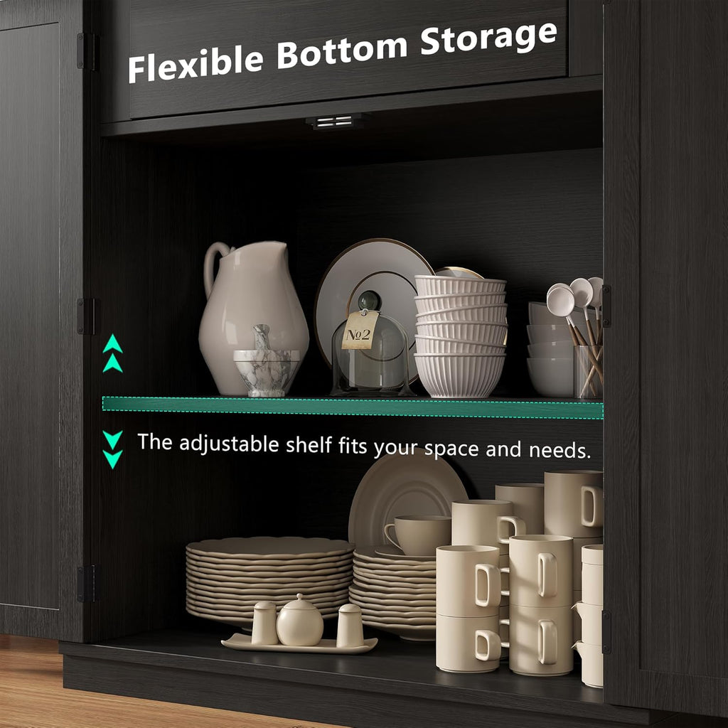 iPormis 71" tall arched cabinet with doors, featuring 6-tier door shelves and adjustable shelves in a farmhouse style.