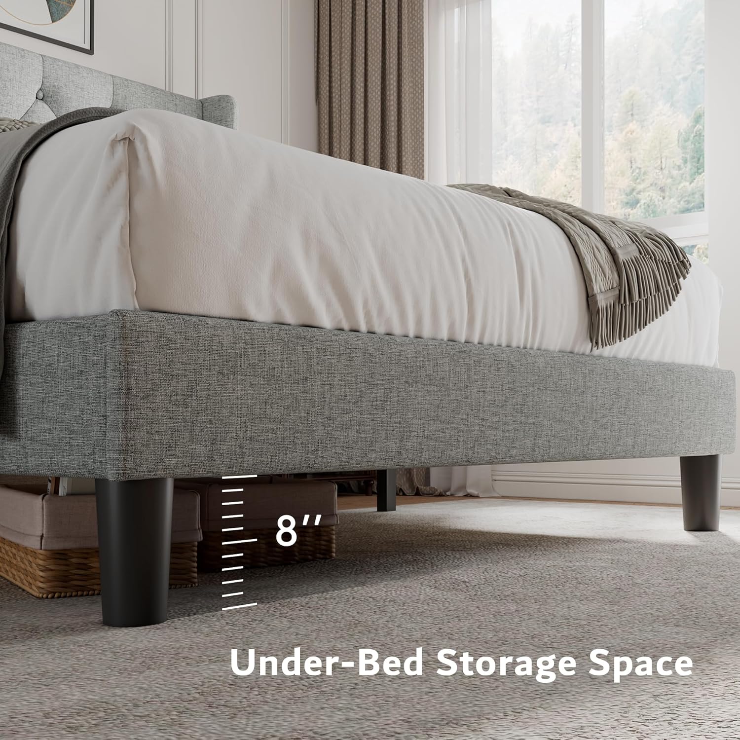 iPormis Queen Size Platform Bed Frame with Button Tufted Headboard, Upholstered Bed Frame with Solid Wooden Slats, 8" Underbed Space, No Box Spring Needed, Noise Free, Easy Assembly, Light Gray