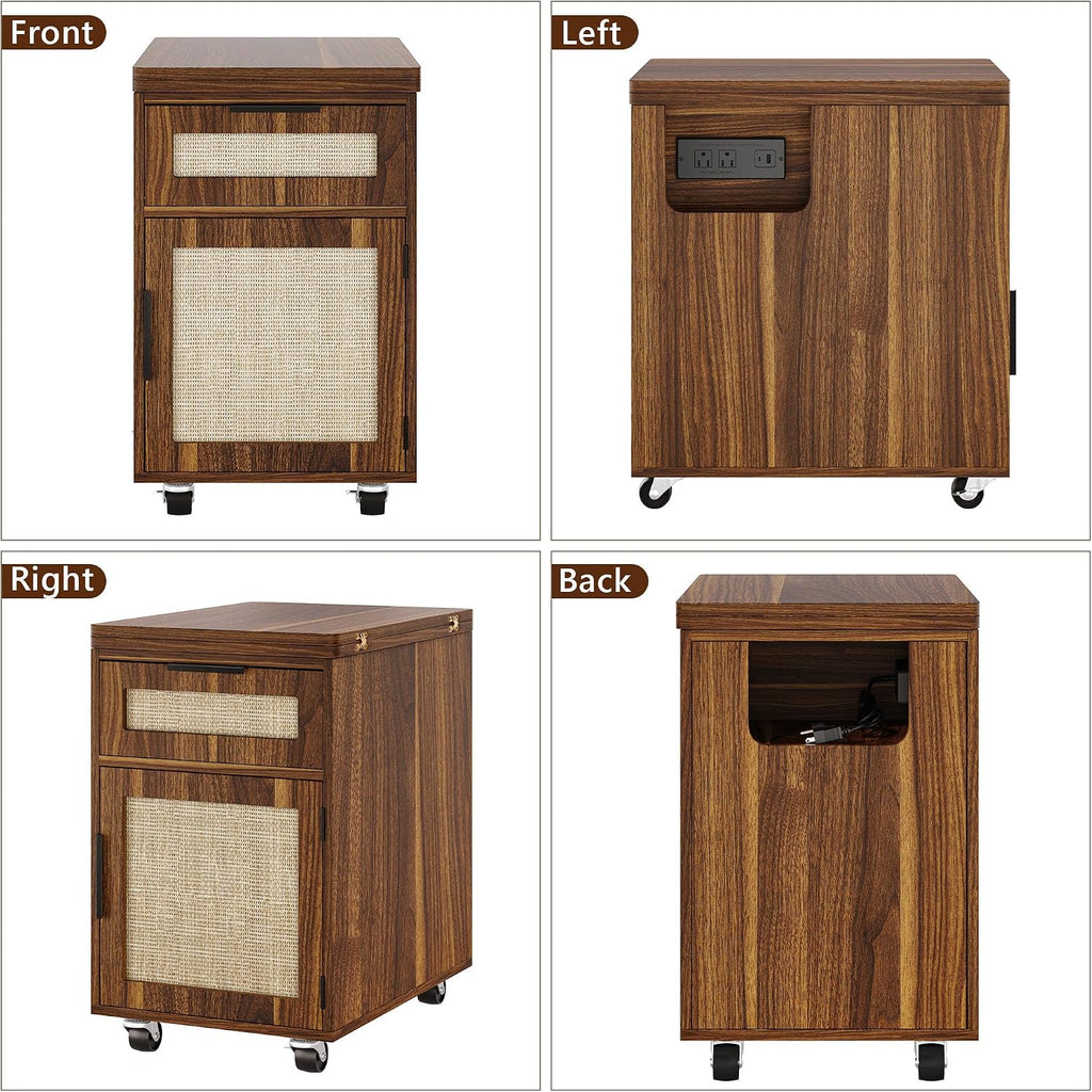 iPormis Narrow Nightstand with Charging Station, Extendable Desktop, Drawer | 15.7''-31.5'' Expandable Surface, Rolling Wheels, Rattan Wood Storage Cabinet, Space-Saving for Bedroom Small Spaces, Walnut