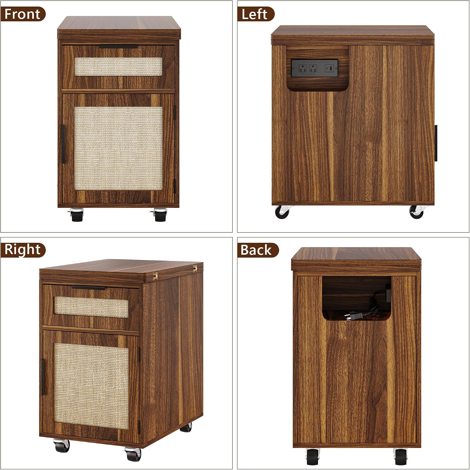 iPormis Narrow Nightstand with Charging Station, Extendable Desktop, Drawer | 15.7''-31.5'' Expandable Surface, Rolling Wheels, Rattan Wood Storage Cabinet, Space-Saving for Bedroom Small Spaces, Walnut