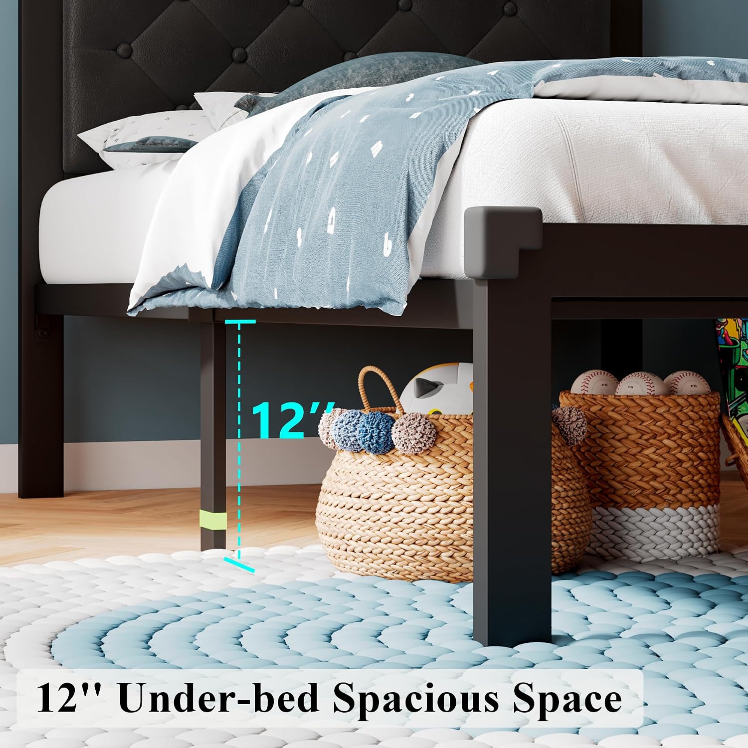 iPormis Twin Size Metal Bed Frame, Faux Leather Platform Bed Frame with Button Tufted Headboard, 12" Underbed Space, Steel Slats Support, Easy Assembly, No Box Spring Needed, Black