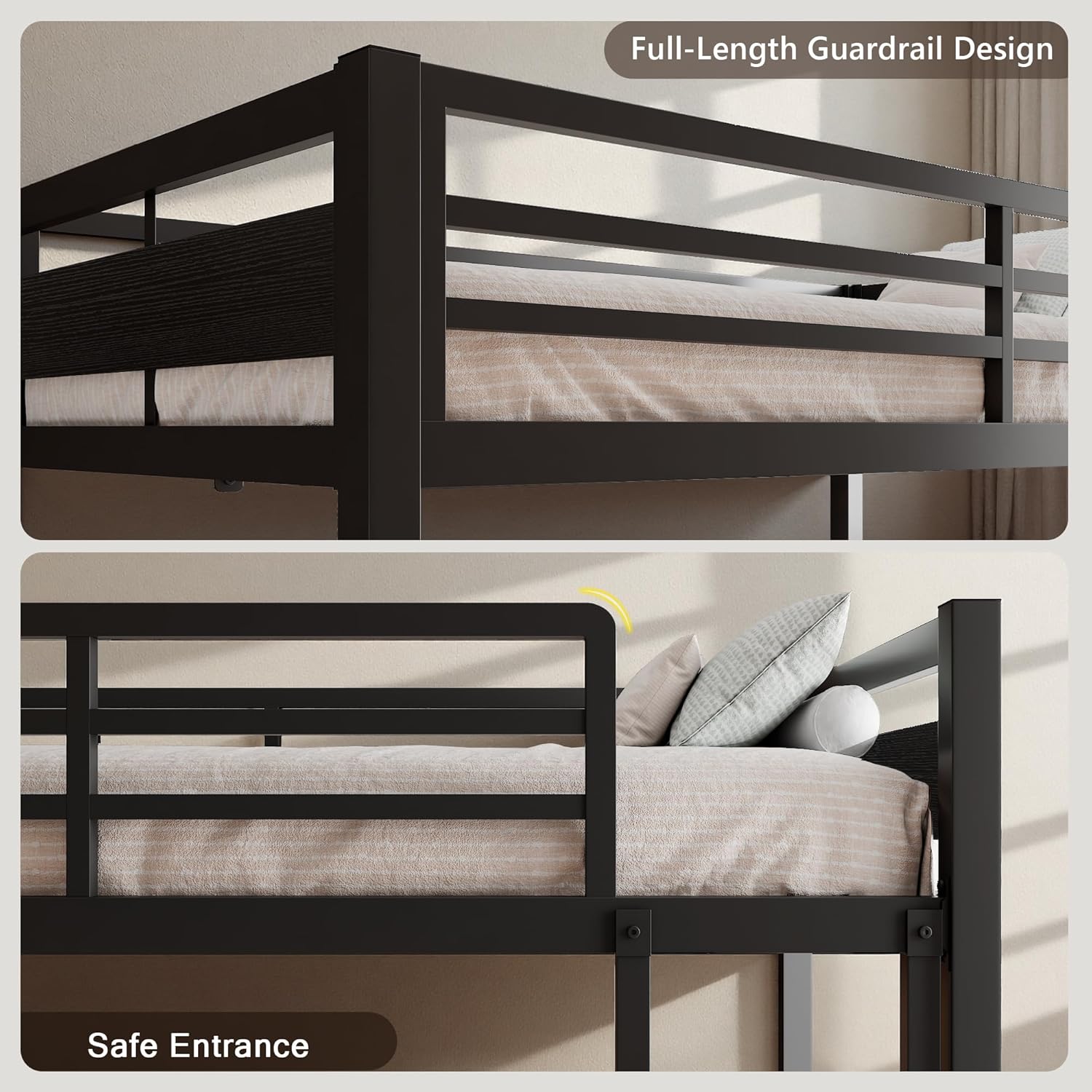 iPormis Metal Bunk Bed Twin Over Twin, Heavy Duty Bunk with High Guardrail and Safety Entrance Design, Under-Bed Storage Space, No Box Spring Needed, Noise Free, Black